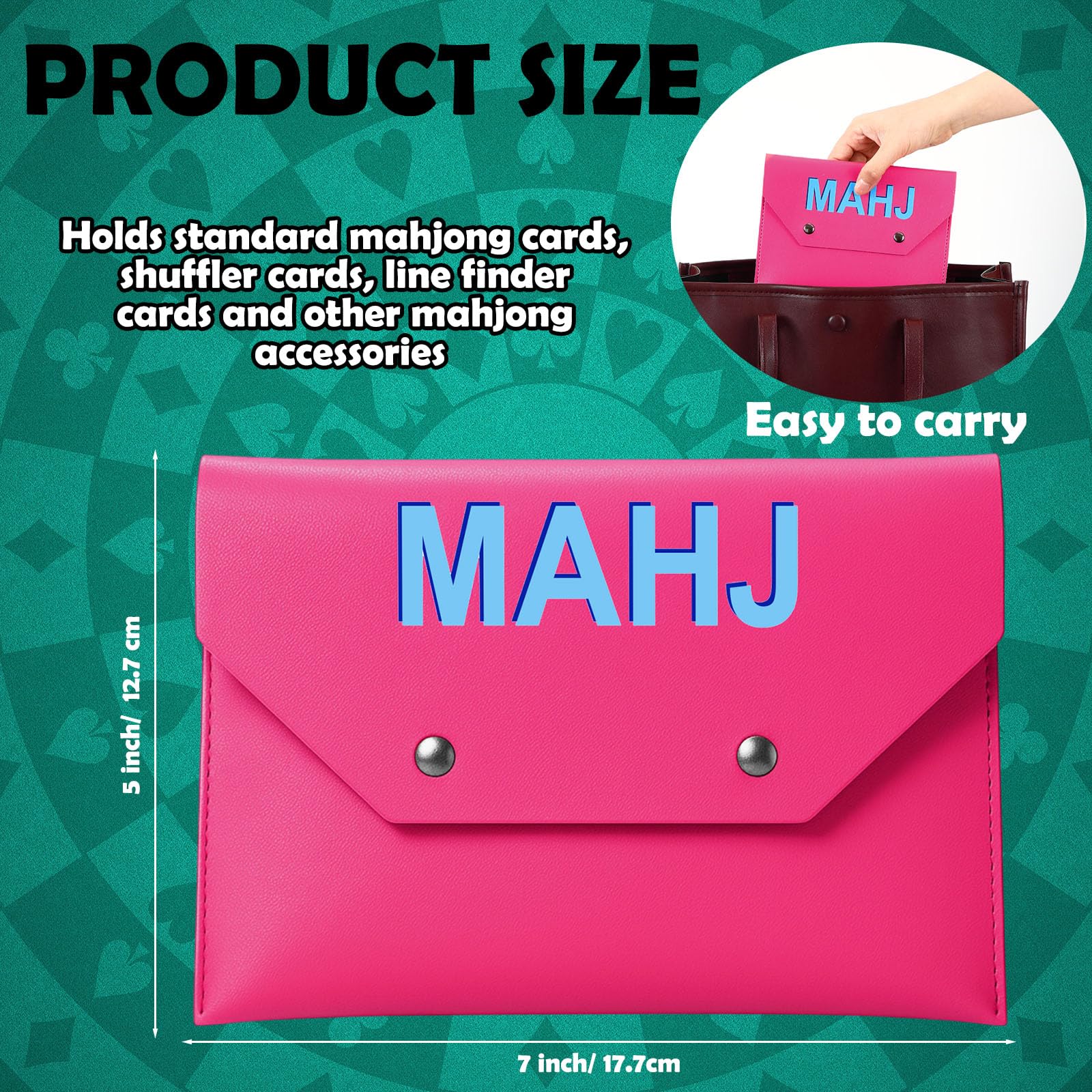 Hot Pink Leather Mahjong Card Clutch Holder - Magnetic Closure Protective Case for Game Night (7x5 Inch)