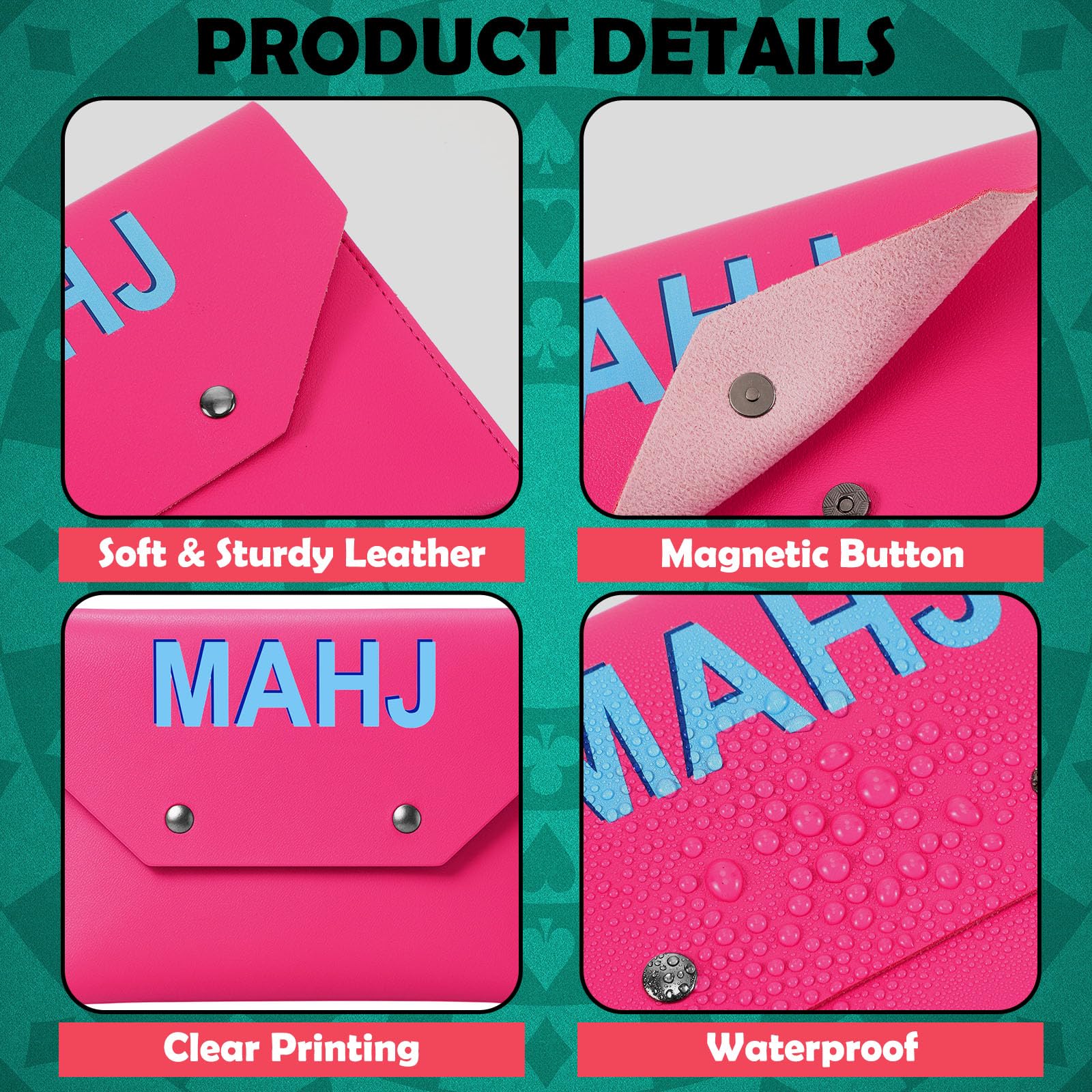 Hot Pink Leather Mahjong Card Clutch Holder - Magnetic Closure Protective Case for Game Night (7x5 Inch)