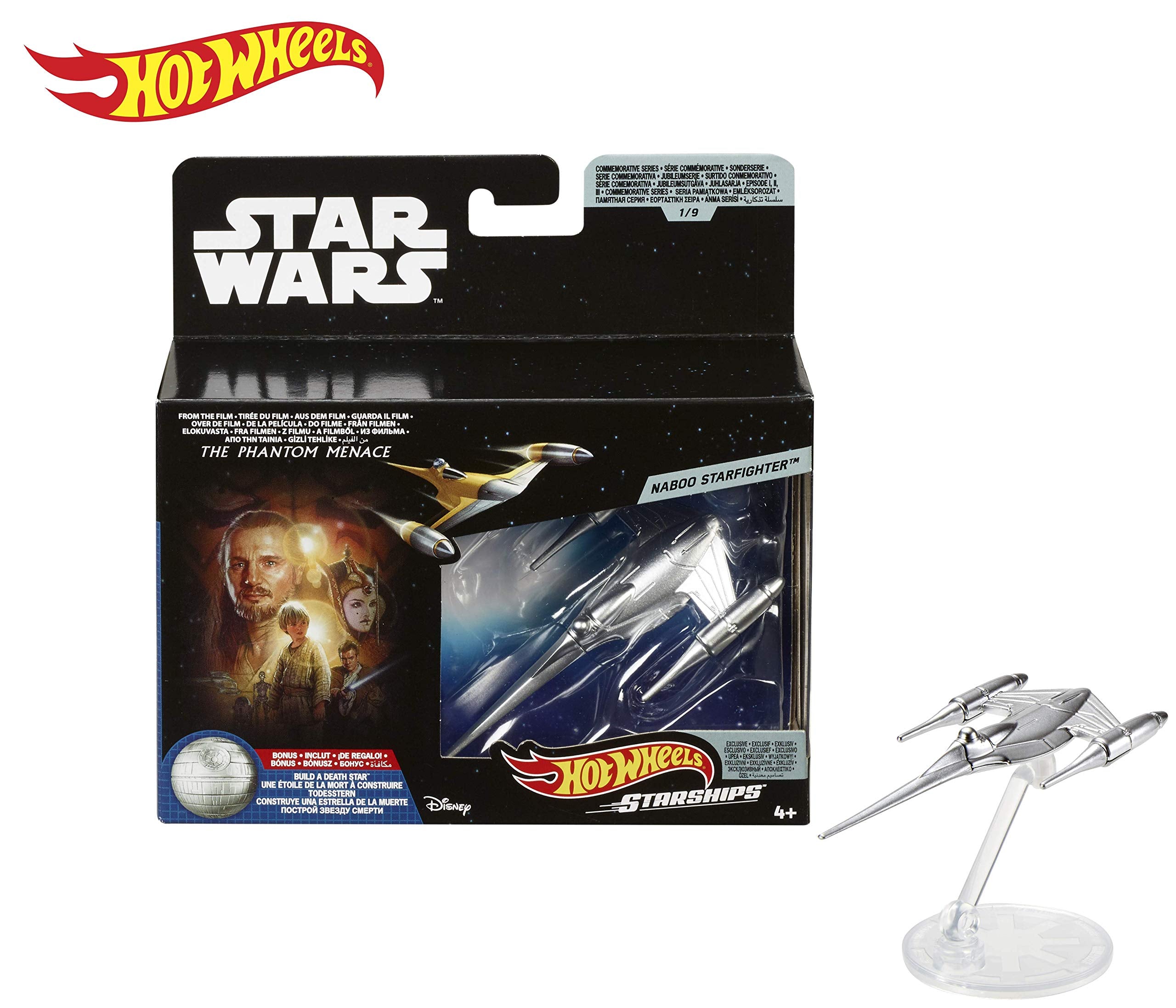 Hot Wheels Star Wars Naboo Starfighter Die-Cast Starship – Commemorative Series with Death Star Build Piece