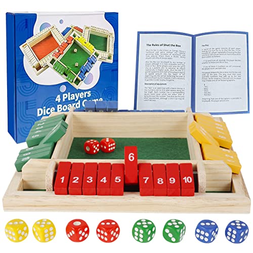 HOTBEST Shut the Box Wooden Dice Game – 2-4 Player Family Math Game with 8 Colored Dice