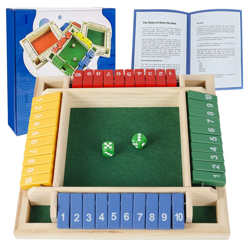 HOTBEST Shut the Box Wooden Dice Game – 2-4 Player Family Math Game with 8 Colored Dice