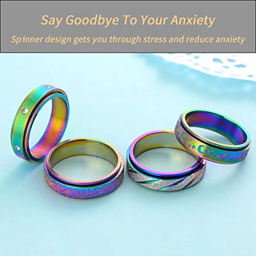 Hothink 4-Pack Rainbow Titanium Steel Fidget Spinner Rings | 6mm Width | Sizes 5-11 | Unisex Anxiety Rings