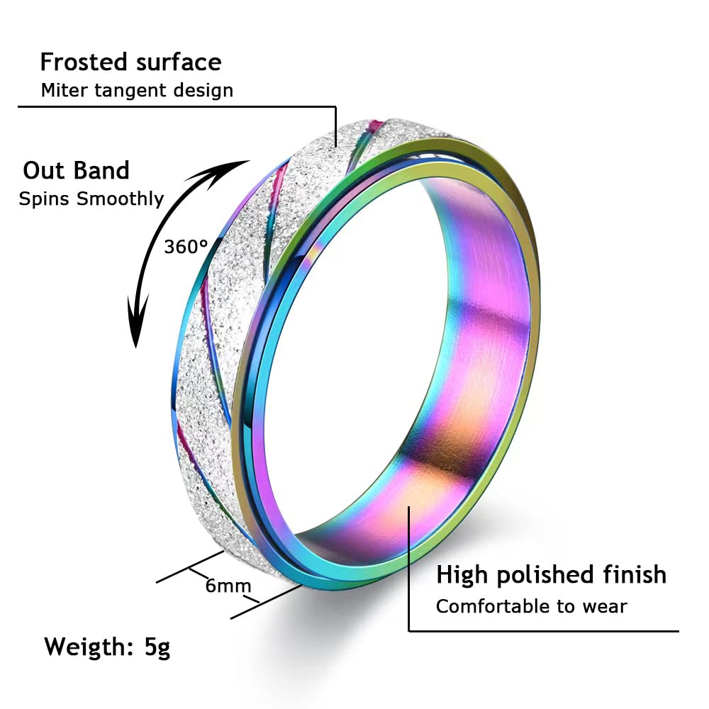 Hothink 4-Pack Rainbow Titanium Steel Fidget Spinner Rings | 6mm Width | Sizes 5-11 | Unisex Anxiety Rings