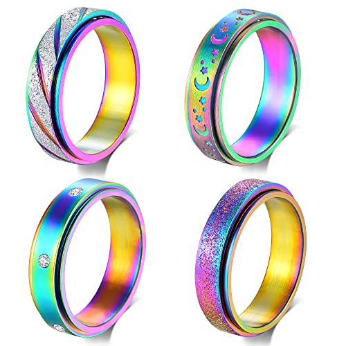 Hothink 4-Pack Rainbow Titanium Steel Fidget Spinner Rings | 6mm Width | Sizes 5-11 | Unisex Anxiety Rings