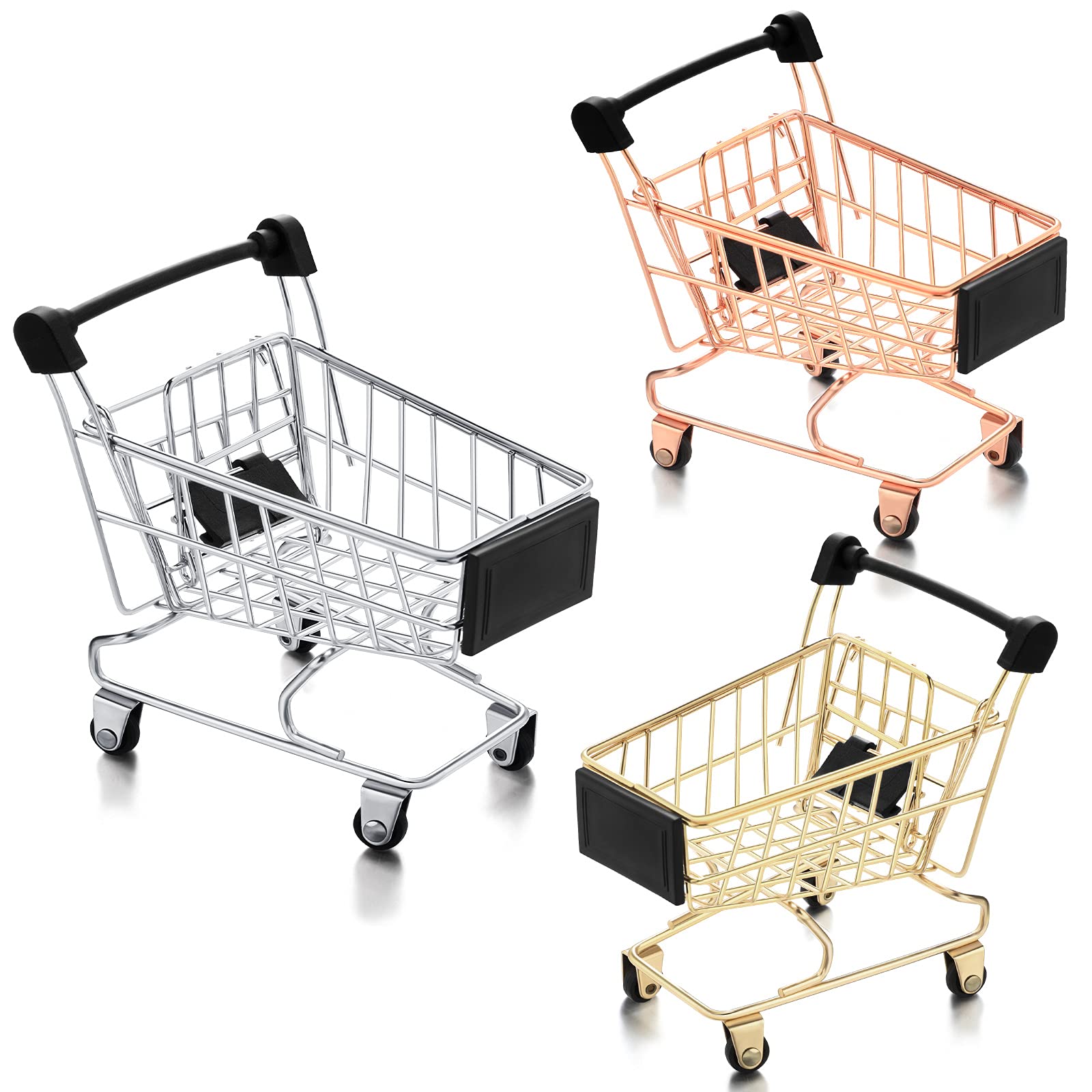 Hotop 3-Piece Mini Shopping Cart Set – Silver, Gold, Rose Gold – Metal Toy and Desk Organizer