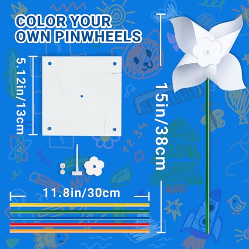 HOTPLACY 25 Pack DIY Pinwheels Craft Kit for Kids – Color Your Own White Pinwheels with Colorful Handles, Bulk Spring Craft for Creativity