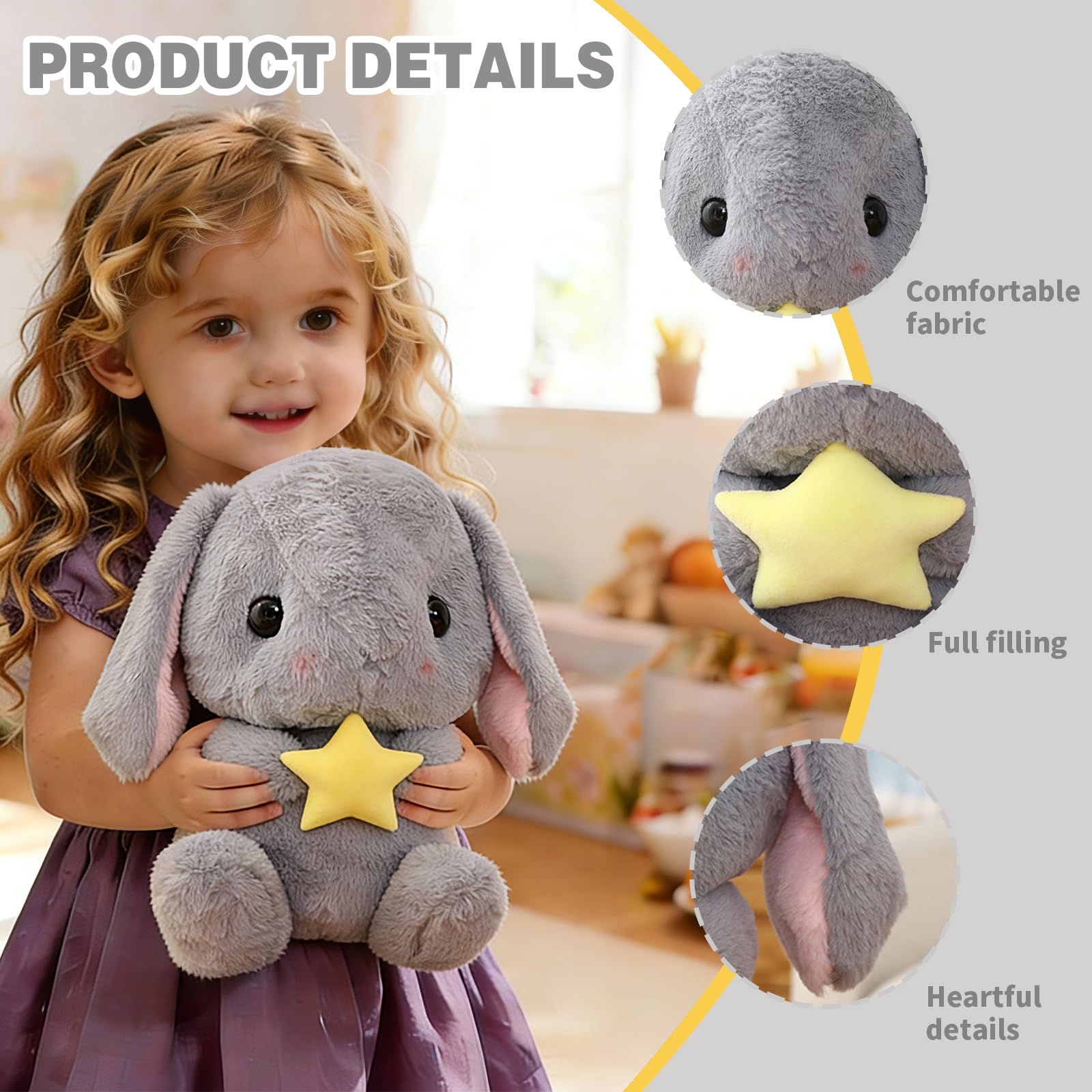 HOUPU Gray-Star Soft Toy Sitting Lop Eared Rabbit - 8.6 Inch Plush Bunny with Carrot