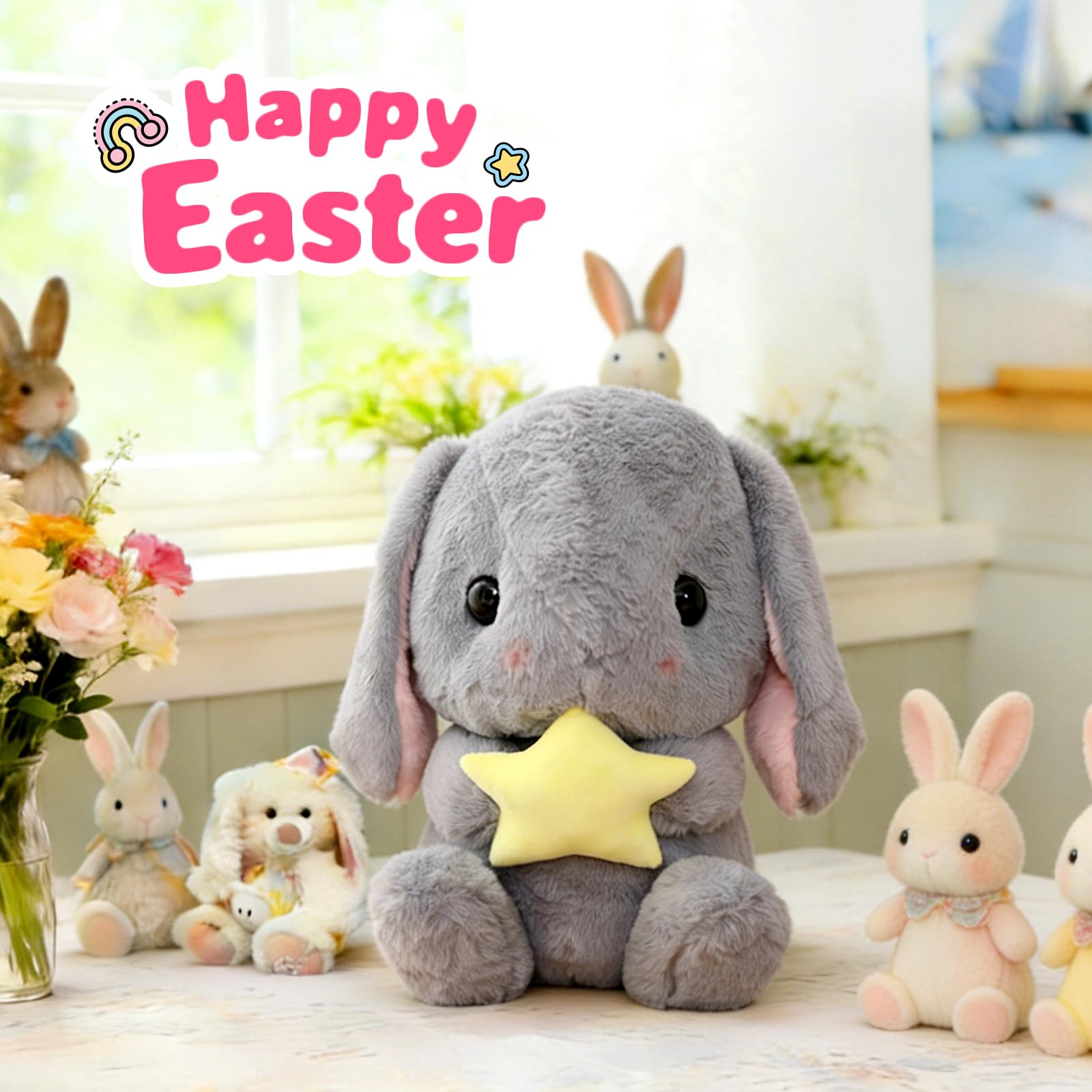 HOUPU Gray-Star Soft Toy Sitting Lop Eared Rabbit - 8.6 Inch Plush Bunny with Carrot