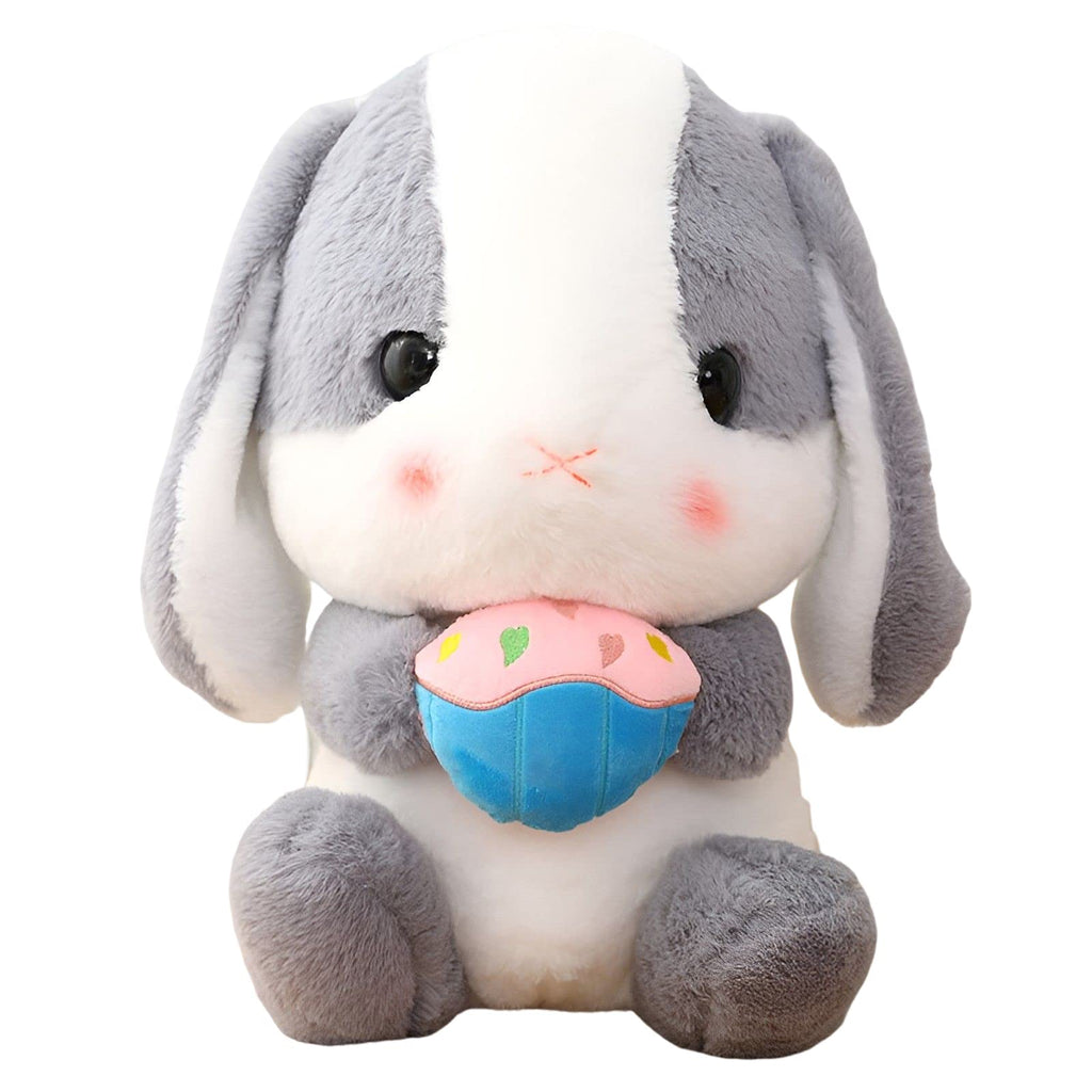 HOUPU Sitting Lop-Eared Rabbit Plush Toy - Soft Stuffed Bunny with Carrot, 8.6in/22cm (Ash White-Cake)