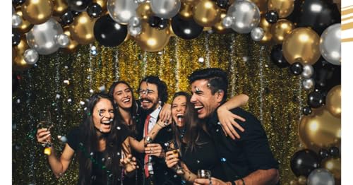 HOUSE OF PARTY Black and Gold Balloon Arch Kit - 5/10/12/18 Inch Latex Balloons for Anniversary, Graduation, Memorial Day Party Decor