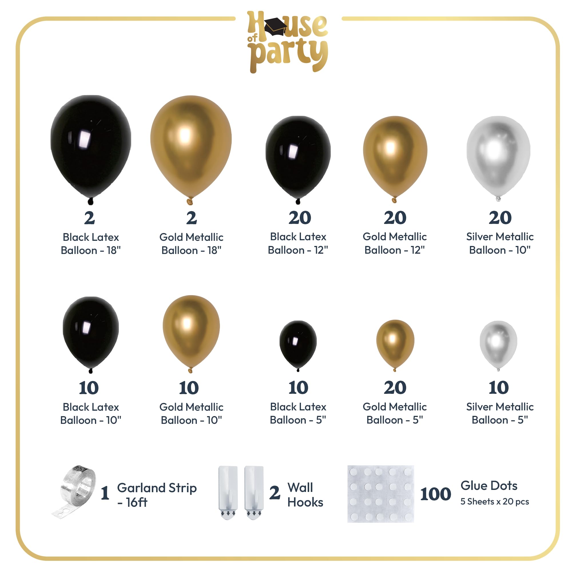 HOUSE OF PARTY Black and Gold Balloon Arch Kit - 5/10/12/18 Inch Latex Balloons for Anniversary, Graduation, Memorial Day Party Decor