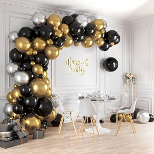 HOUSE OF PARTY Black and Gold Balloon Arch Kit - 5/10/12/18 Inch Latex Balloons for Anniversary, Graduation, Memorial Day Party Decor