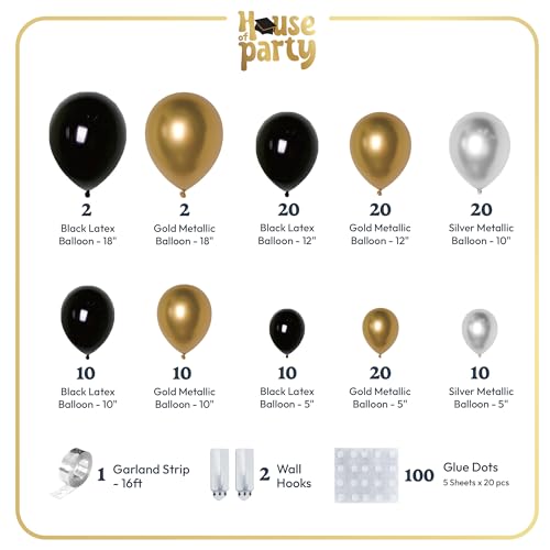 HOUSE OF PARTY Black and Gold Balloon Arch Kit - 5/10/12/18 Inch Latex Balloons for Anniversary, Graduation, Memorial Day Party Decor