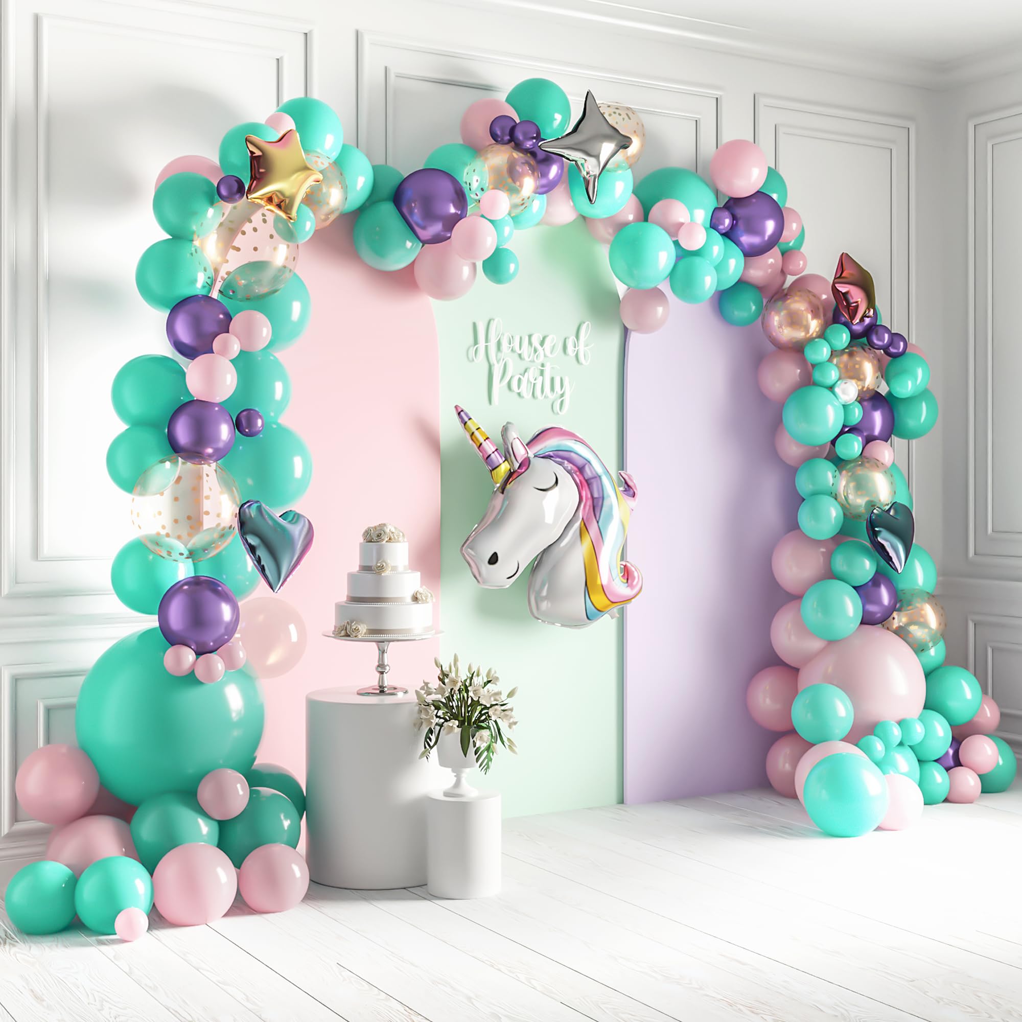 HOUSE OF PARTY Unicorn Balloon Arch Kit - Pink, Purple & Gold Confetti Latex Balloons for Birthday, Bridal Shower, Photo Booth Decor