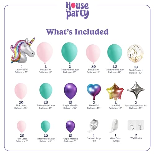 HOUSE OF PARTY Unicorn Balloon Arch Kit - Pink, Purple & Gold Confetti Latex Balloons for Birthday, Bridal Shower, Photo Booth Decor