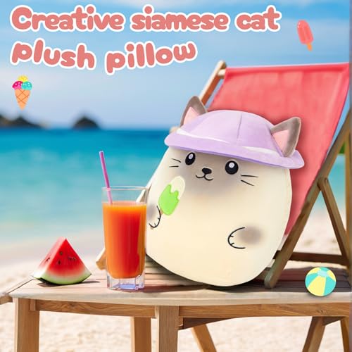 Houwsbaby 12-Inch Siamese Kitten Plush Pillow Eating Ice Cream with Hat – Soft Cuddly Birthday Gift for Kids