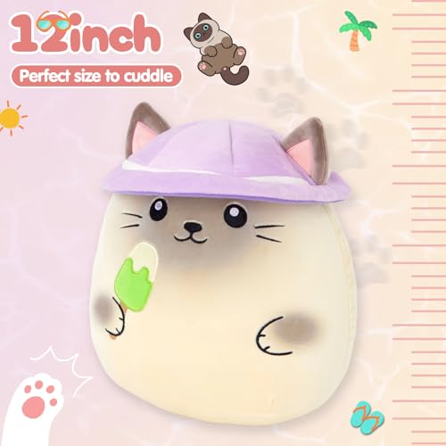 Houwsbaby 12-Inch Siamese Kitten Plush Pillow Eating Ice Cream with Hat – Soft Cuddly Birthday Gift for Kids
