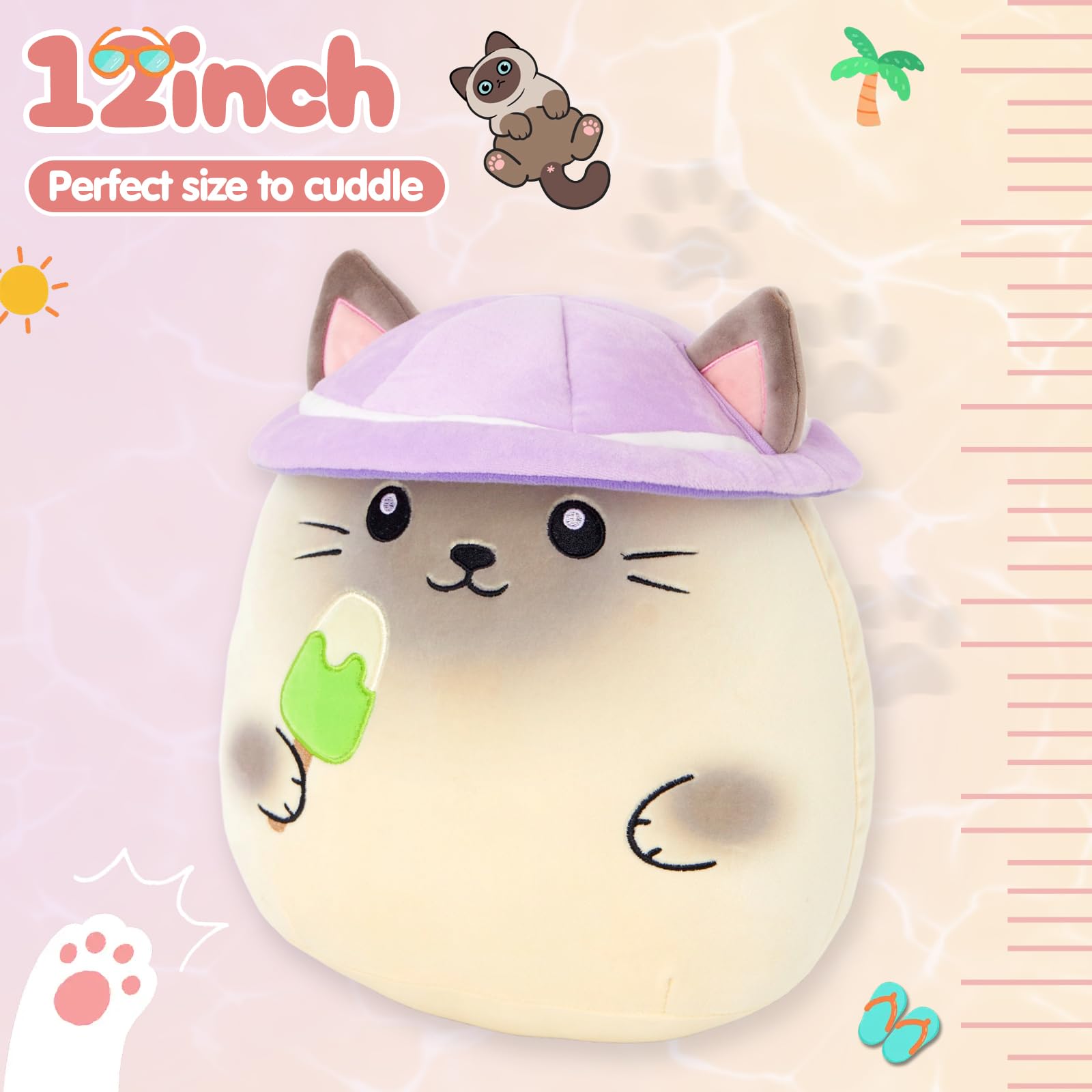 Houwsbaby 12-Inch Siamese Kitten Plush Pillow Eating Ice Cream with Hat – Soft Cuddly Birthday Gift for Kids