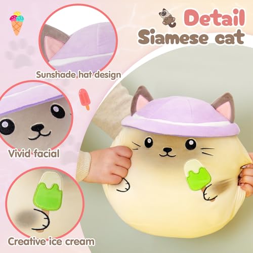 Houwsbaby 12-Inch Siamese Kitten Plush Pillow Eating Ice Cream with Hat – Soft Cuddly Birthday Gift for Kids