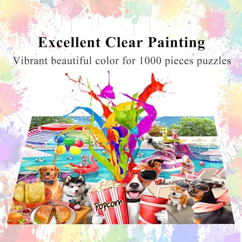 HUADADA 1000-Piece Jigsaw Puzzle: Dogs Pool Party, 27.5x19.6 Inches with Poster