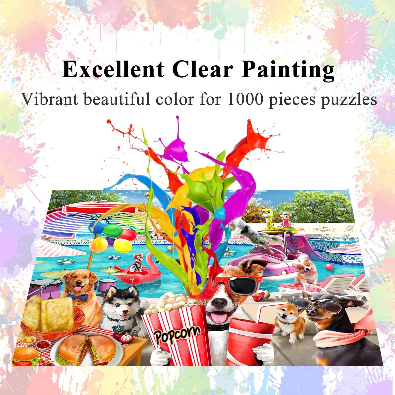 HUADADA 1000-Piece Jigsaw Puzzle: Dogs Pool Party, 27.5x19.6 Inches with Poster