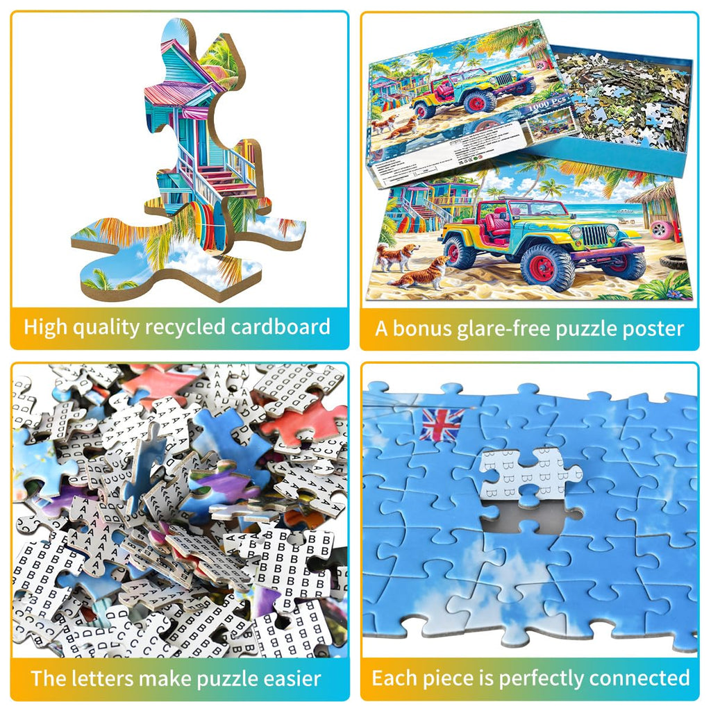 HUADADA 1000-Piece Jigsaw Puzzle for Adults – Colorful Beach Buggy – Recycled Non-Toxic Paper with Poster