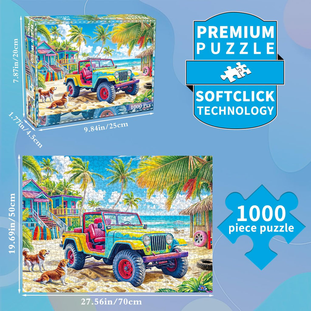 HUADADA 1000-Piece Jigsaw Puzzle for Adults – Colorful Beach Buggy – Recycled Non-Toxic Paper with Poster
