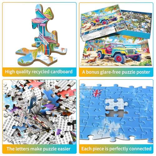 HUADADA 1000-Piece Jigsaw Puzzle for Adults – Colorful Beach Buggy – Recycled Non-Toxic Paper with Poster