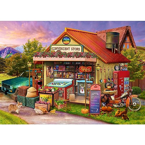 HUADADA 1000 Piece Jigsaw Puzzle for Adults – Country Store Scene with Lettered Back and Full-Size Poster (27.5x19.6 inches)