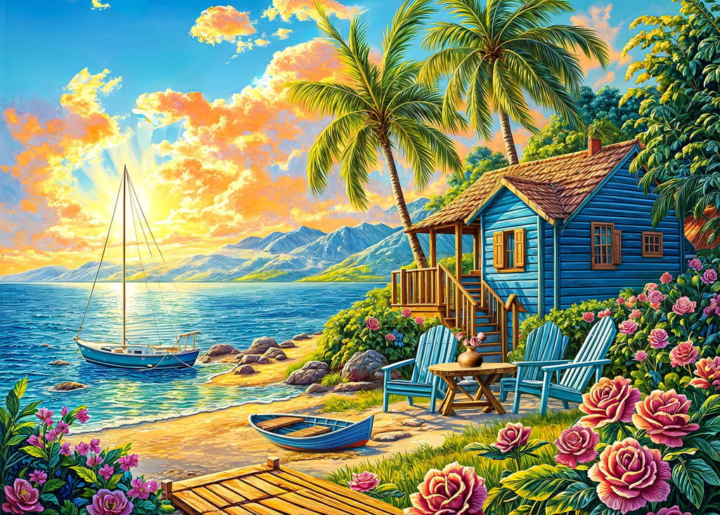 HUADADA 1000 Piece Jigsaw Puzzle – Summer Beach Vacation Scene with Surfing, Coconut Trees & Wooden Houses – Includes Glare-Free Poster