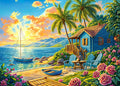 HUADADA 1000 Piece Jigsaw Puzzle – Summer Beach Vacation Scene with Surfing, Coconut Trees & Wooden Houses – Includes Glare-Free Poster