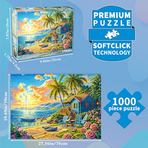 HUADADA 1000 Piece Jigsaw Puzzle – Summer Beach Vacation Scene with Surfing, Coconut Trees & Wooden Houses – Includes Glare-Free Poster