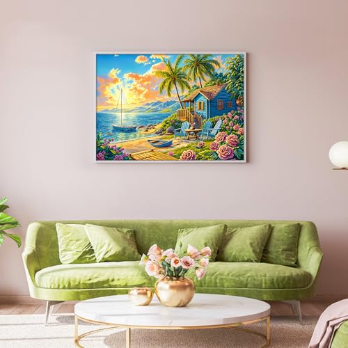 HUADADA 1000 Piece Jigsaw Puzzle – Summer Beach Vacation Scene with Surfing, Coconut Trees & Wooden Houses – Includes Glare-Free Poster