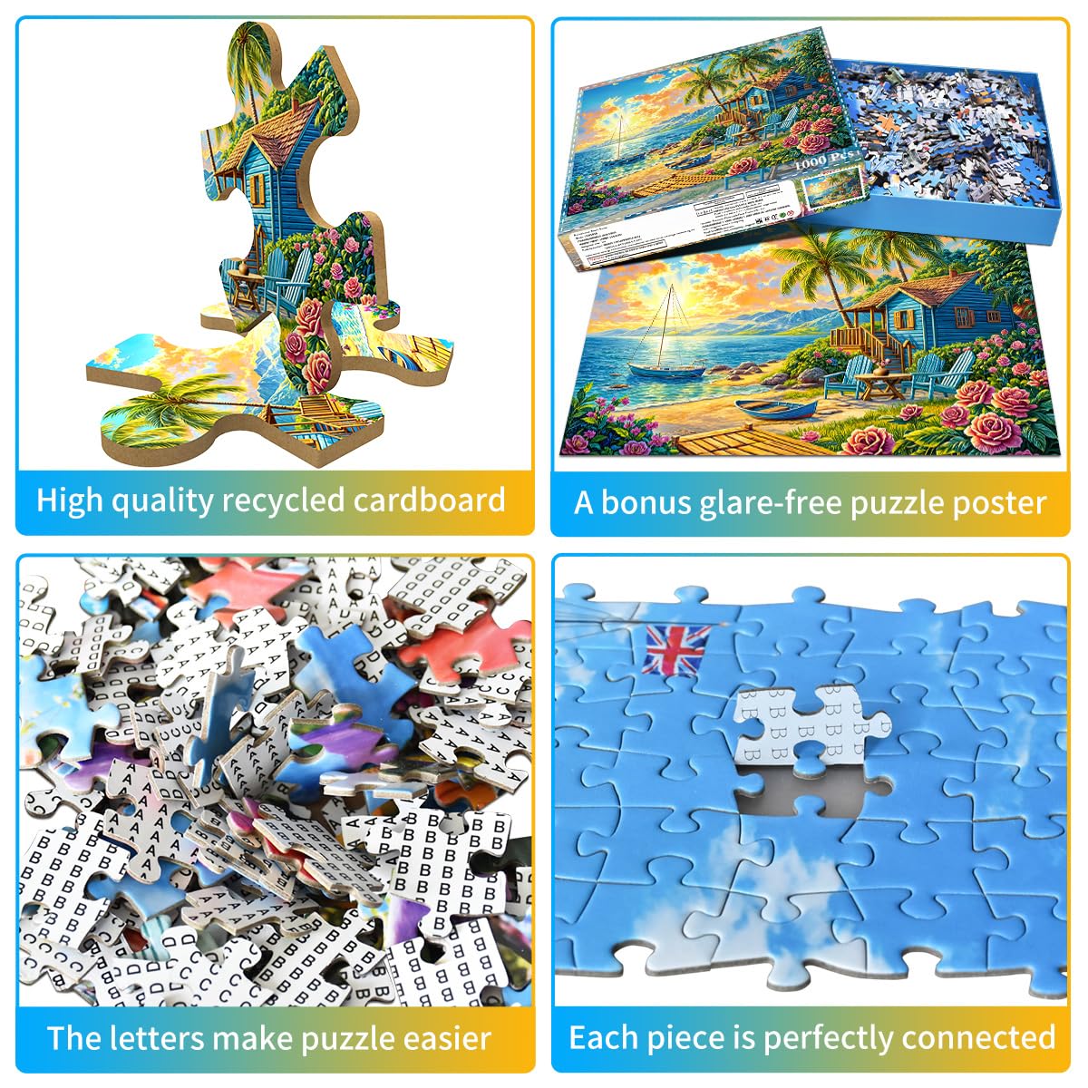 HUADADA 1000 Piece Jigsaw Puzzle – Summer Beach Vacation Scene with Surfing, Coconut Trees & Wooden Houses – Includes Glare-Free Poster