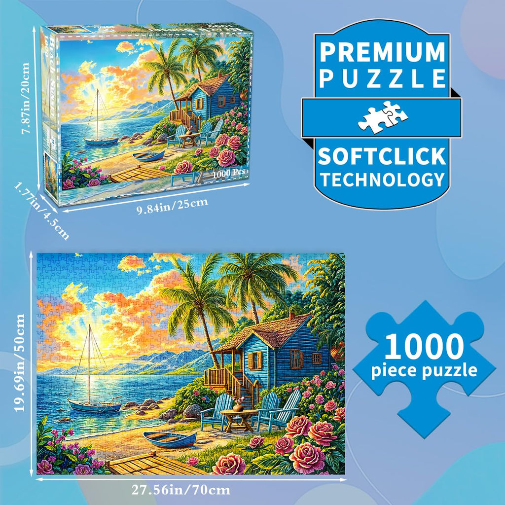 HUADADA 1000 Piece Jigsaw Puzzle – Summer Beach Vacation Scene with Surfing, Coconut Trees & Wooden Houses – Includes Glare-Free Poster
