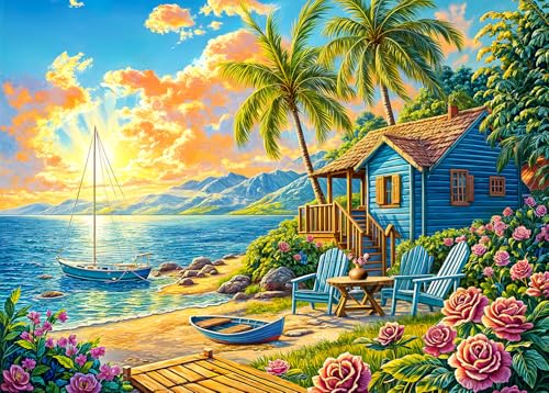 HUADADA 1000 Piece Jigsaw Puzzle – Summer Beach Vacation Scene with Surfing, Coconut Trees & Wooden Houses – Includes Glare-Free Poster