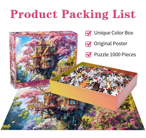 HUADADA 1000 Piece Puzzle for Adults – Whimsical Tree House and Flowers Jigsaw, Recycled Non-Toxic, with Glare-Free Poster