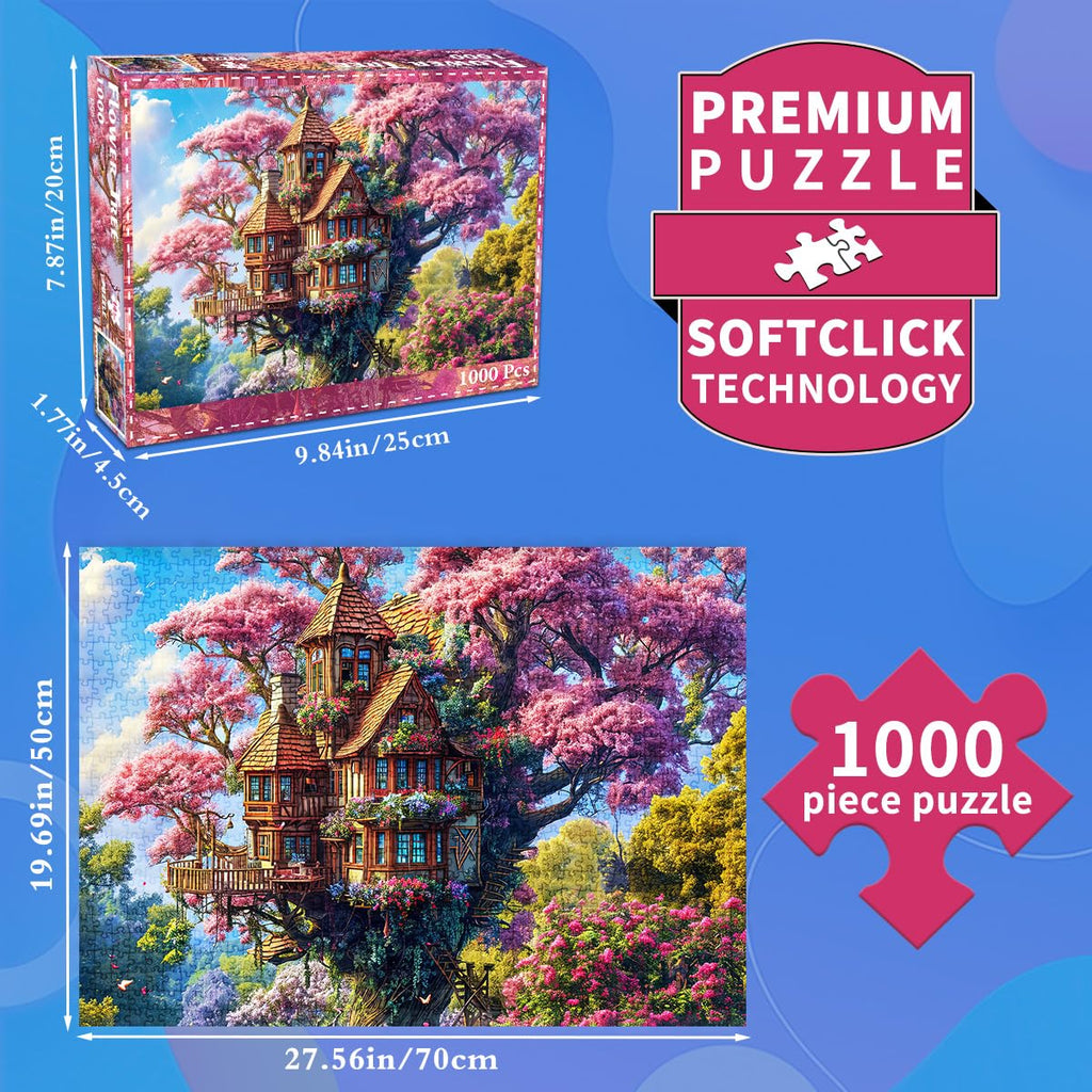 HUADADA 1000 Piece Puzzle for Adults – Whimsical Tree House and Flowers Jigsaw, Recycled Non-Toxic, with Glare-Free Poster