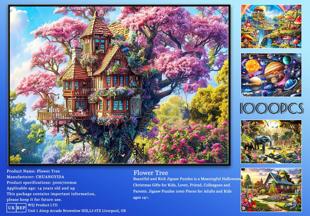 HUADADA 1000 Piece Puzzle for Adults – Whimsical Tree House and Flowers Jigsaw, Recycled Non-Toxic, with Glare-Free Poster