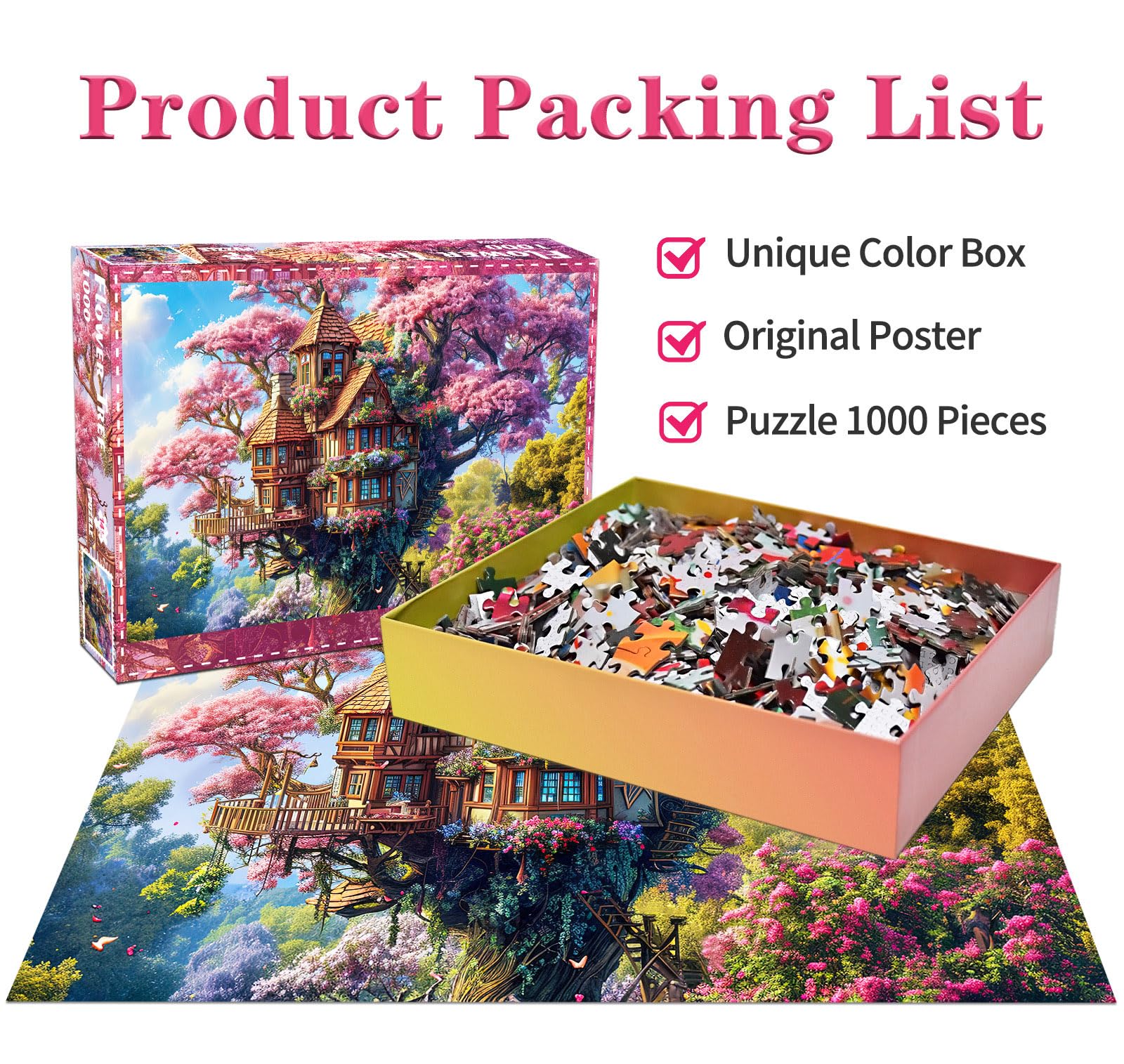 HUADADA 1000 Piece Puzzle for Adults – Whimsical Tree House and Flowers Jigsaw, Recycled Non-Toxic, with Glare-Free Poster