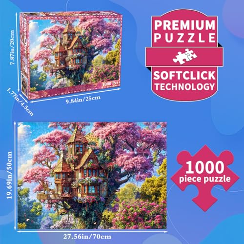 HUADADA 1000 Piece Puzzle for Adults – Whimsical Tree House and Flowers Jigsaw, Recycled Non-Toxic, with Glare-Free Poster