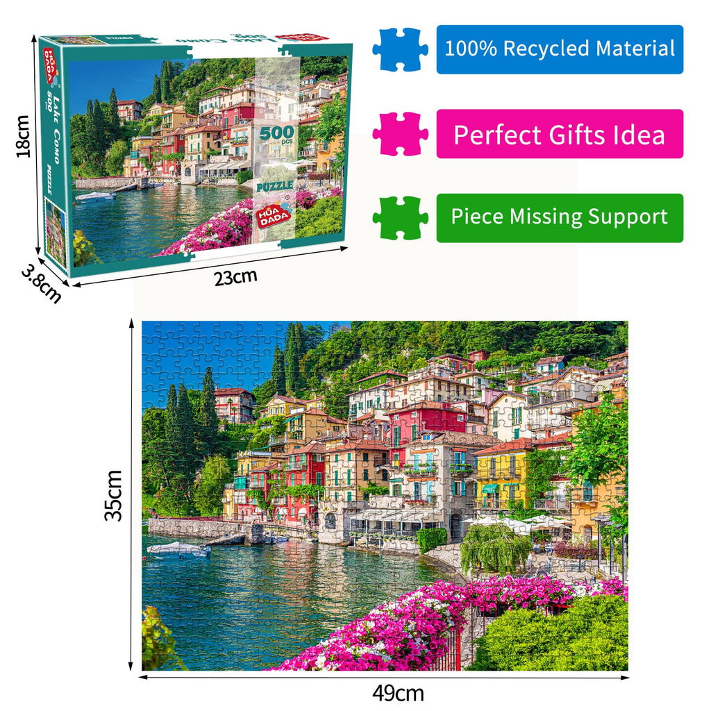 HUADADA 500 Piece Jigsaw Puzzle for Adults – Lake Como Italy Scenery, 19.3" x 13.7"