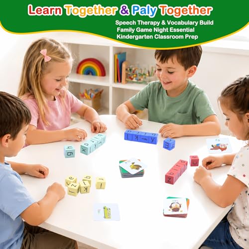 Humerry CVC Word Matching Game – Phonics Spelling Toy with 54 Flash Cards & 20 Wooden Blocks for Kids Ages 3-6