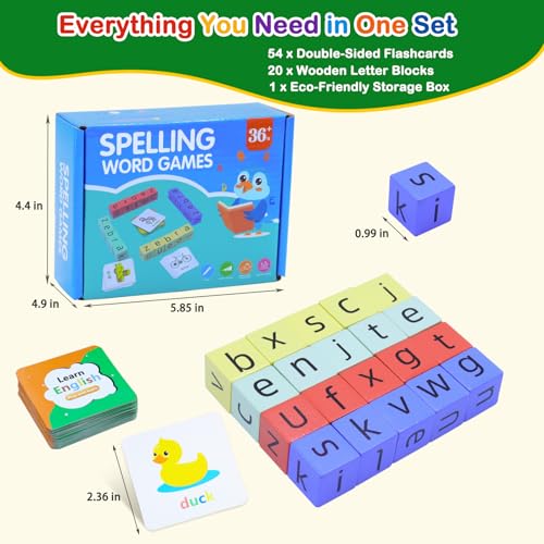 Humerry CVC Word Matching Game – Phonics Spelling Toy with 54 Flash Cards & 20 Wooden Blocks for Kids Ages 3-6