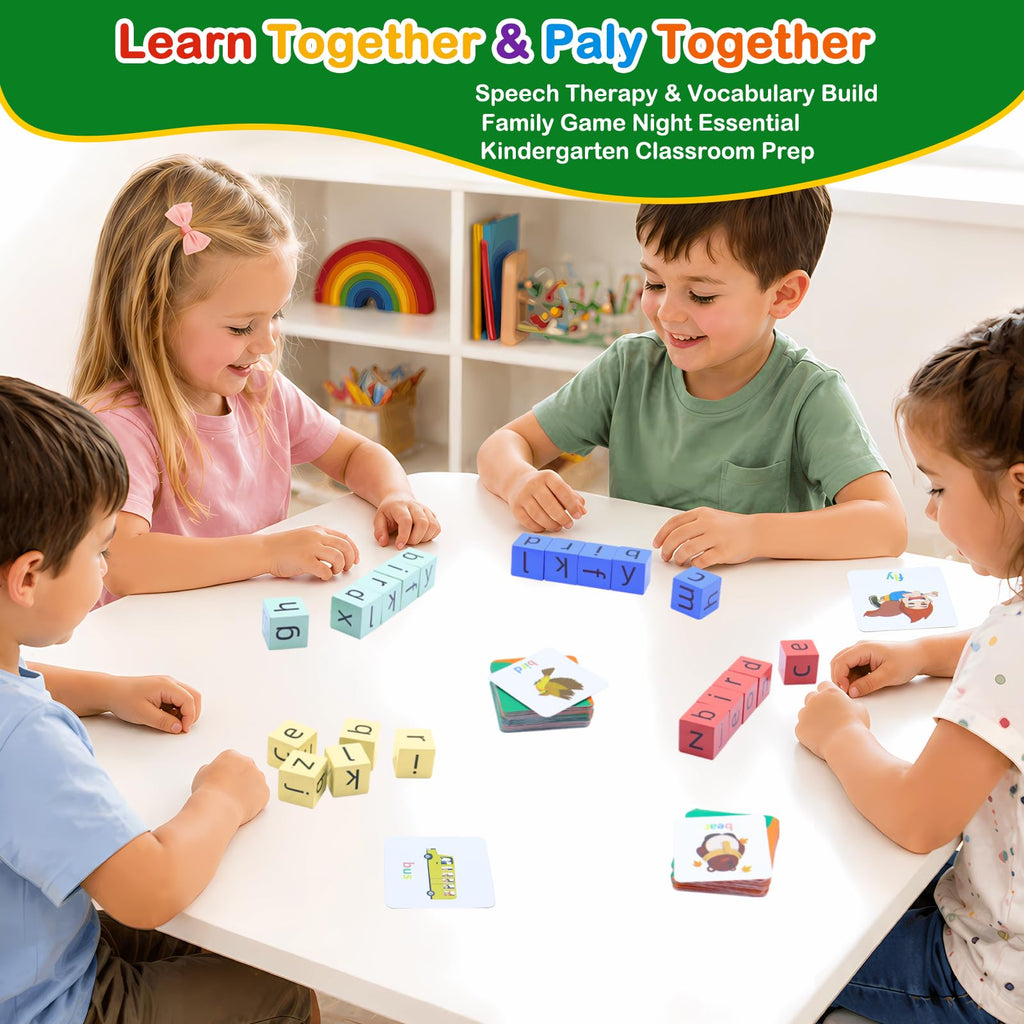 Humerry CVC Word Matching Game – Phonics Spelling Toy with 54 Flash Cards & 20 Wooden Blocks for Kids Ages 3-6