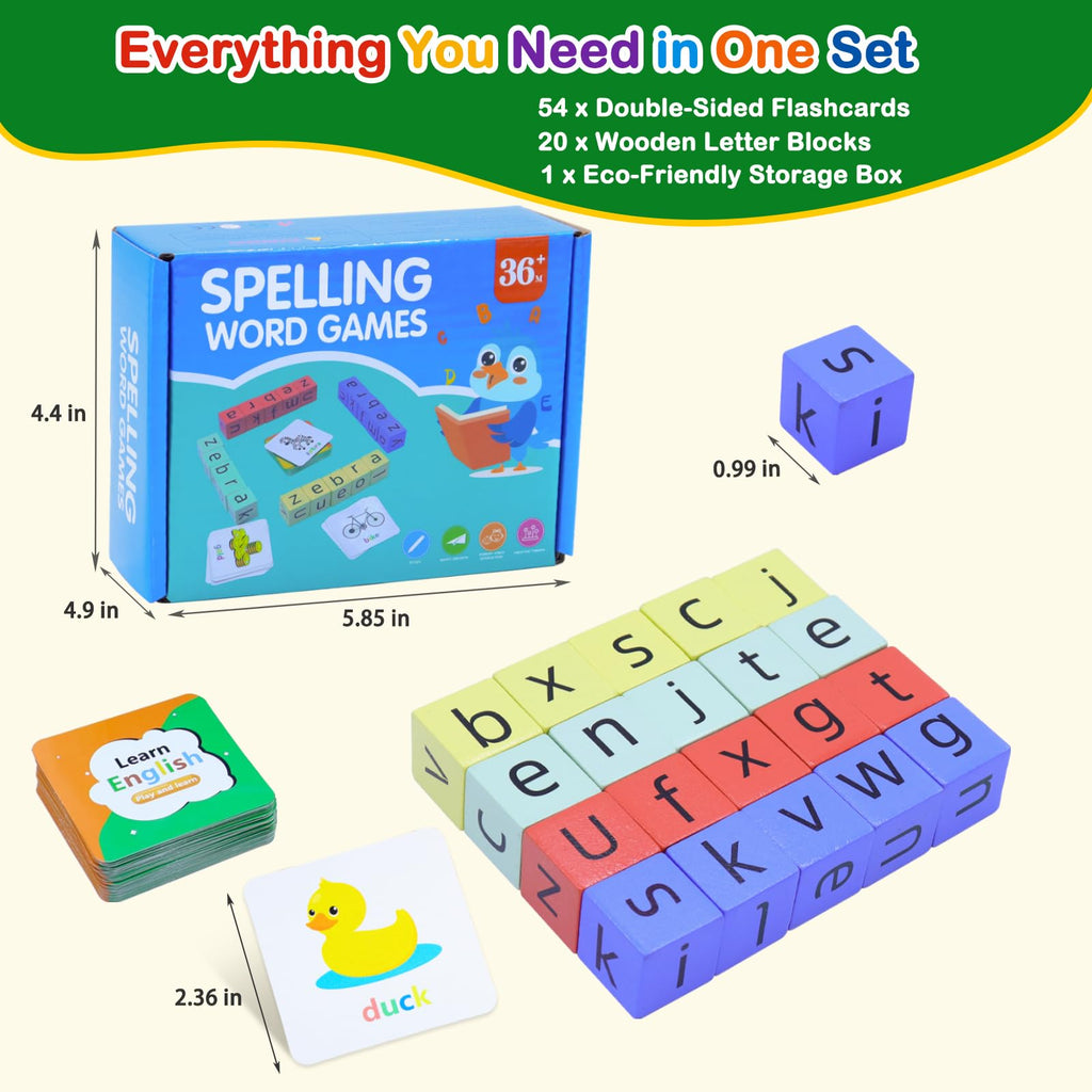 Humerry CVC Word Matching Game – Phonics Spelling Toy with 54 Flash Cards & 20 Wooden Blocks for Kids Ages 3-6