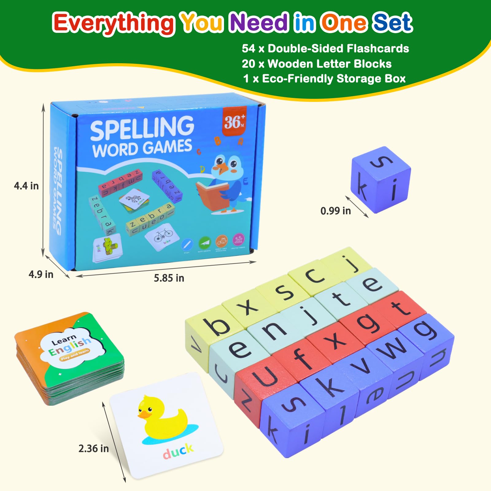 Humerry CVC Word Matching Game – Phonics Spelling Toy with 54 Flash Cards & 20 Wooden Blocks for Kids Ages 3-6