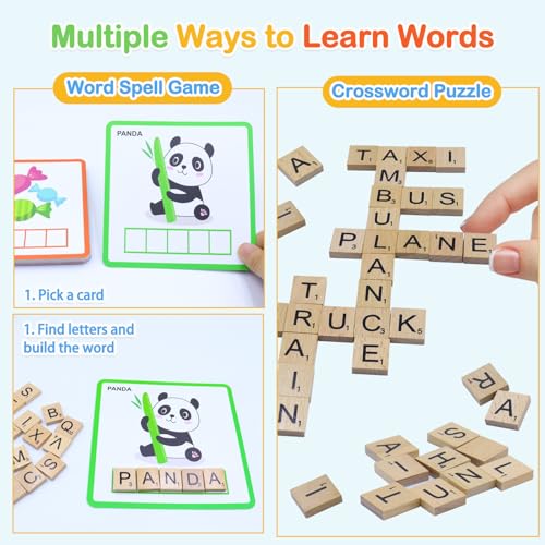 Humerry Spelling Game for Kids 3-8: 100 Wooden Letter Tiles & 60 Word Flashcards – Phonics Learning Toy for Preschool, Kindergarten, Homeschool
