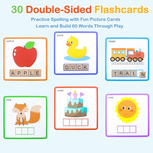Humerry Spelling Game for Kids 3-8: 100 Wooden Letter Tiles & 60 Word Flashcards – Phonics Learning Toy for Preschool, Kindergarten, Homeschool