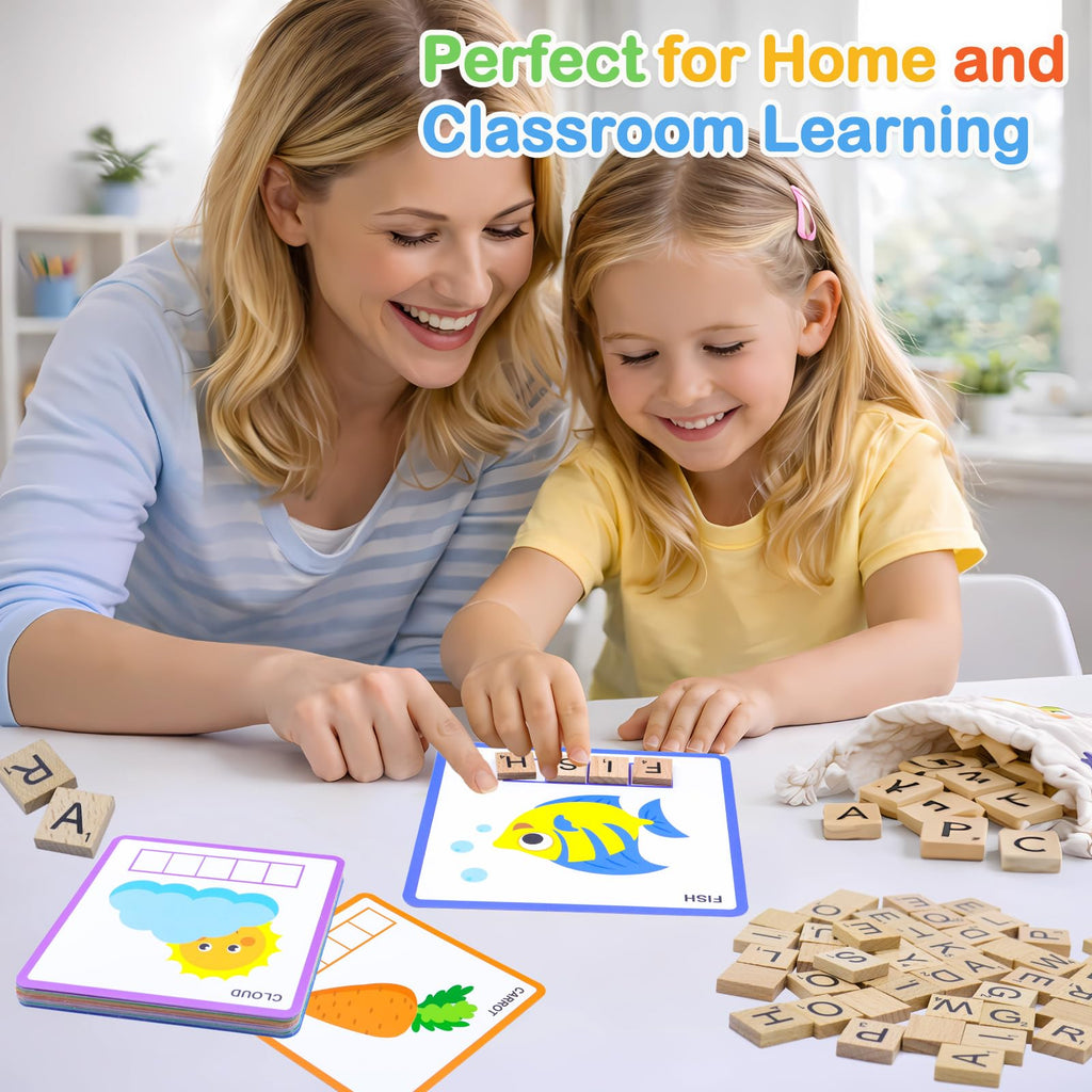 Humerry Spelling Game for Kids 3-8: 100 Wooden Letter Tiles & 60 Word Flashcards – Phonics Learning Toy for Preschool, Kindergarten, Homeschool